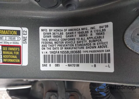 2008 Honda Civic Lx from USA, damaged, VIN 1HGFA16558L083680